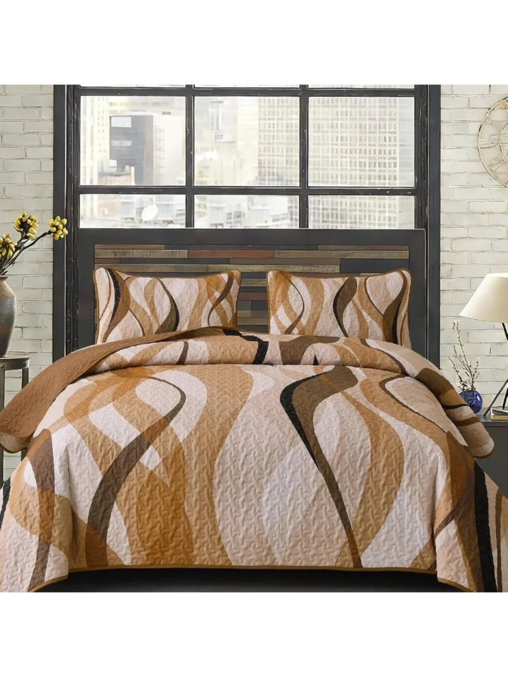 King Size Quilt Set - Brown & Grey Stripe Bedding, 3PCs Soft Microfiber Coverlet